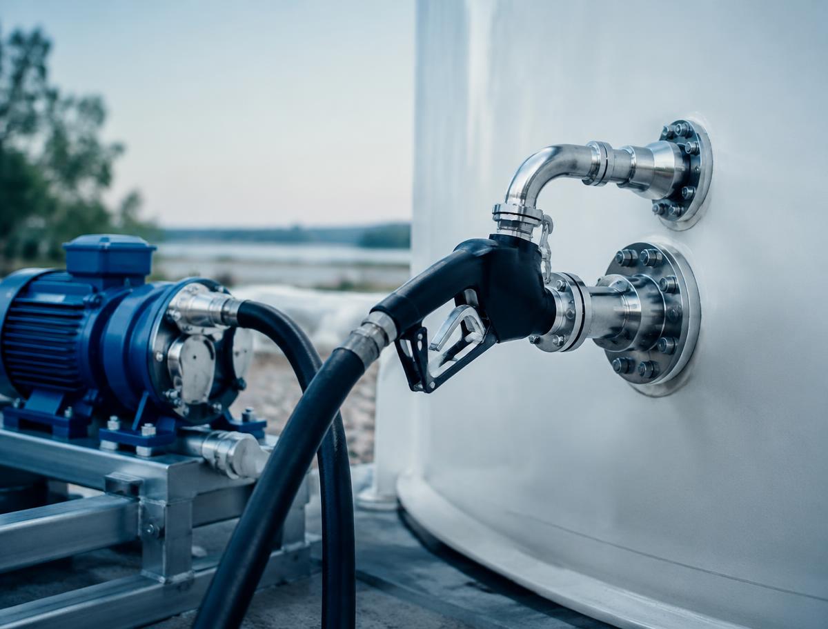 A pump, hose and nozzle connected to a double-walled tank with clean stainless fittings