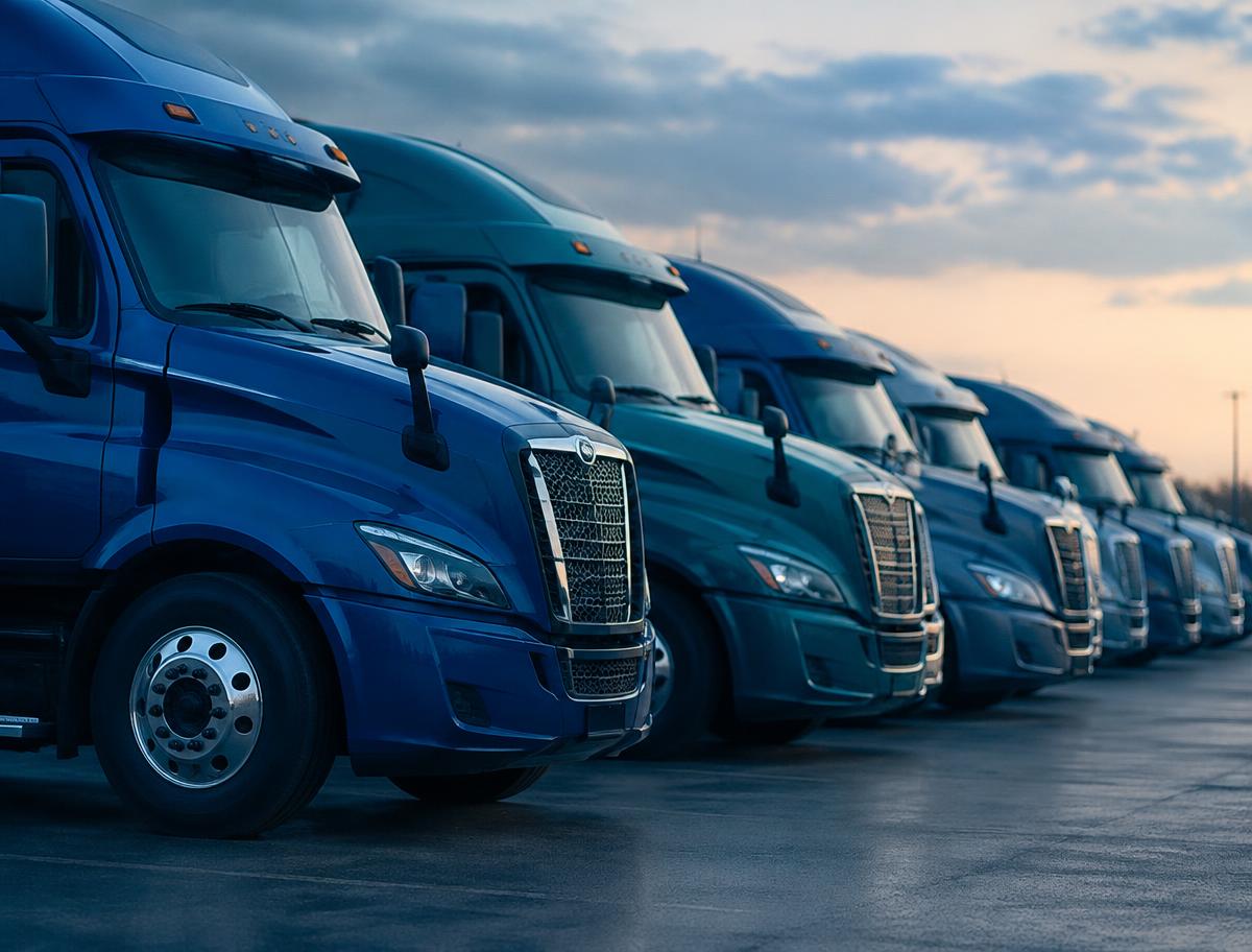 A row of diesel trucks parked in a fleet yard