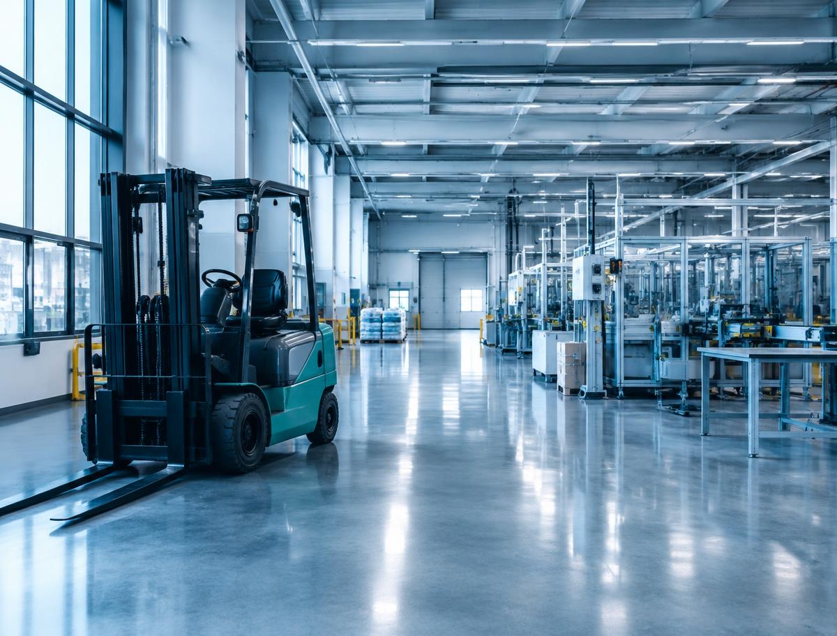 A clean, bright industrial facility with a forklift