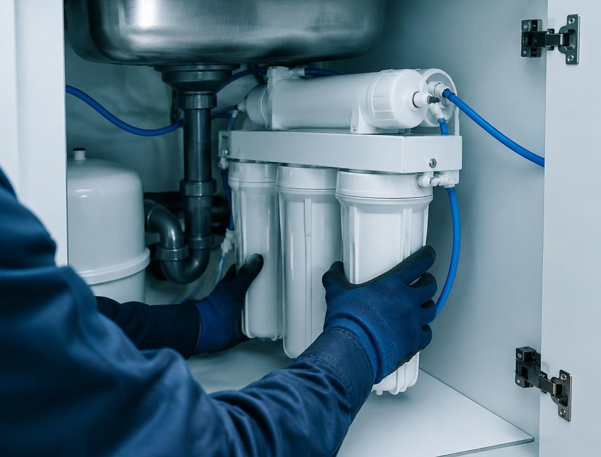A technician's gloved hands installing an under-sink reverse osmosis unit